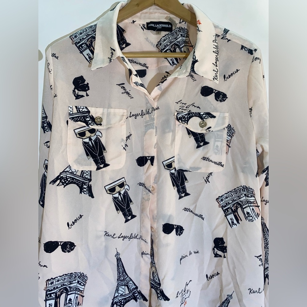 Karl Lagerfeld Paris Long Sleeve Blouse Pink Eiffel Tower Top Women's Size L - Picture 14 of 15